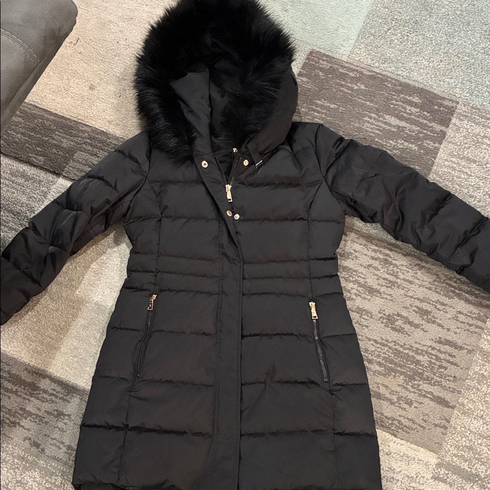 Tahari Black Long Hooded Puffer Coat with Faux Fur Trim